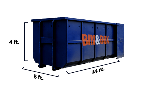 Large blue Bin & Box dumpster rental unit designed for residential cleanouts and junk removal services